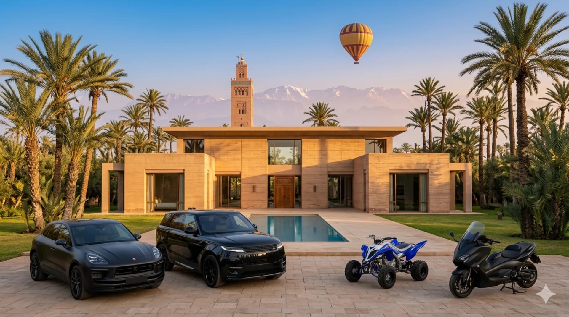 Villa Palmeraie Marrakech avec Porsche Macan T, Range Sport et montgolfière Atlas — All To Marrakech Conciergerie